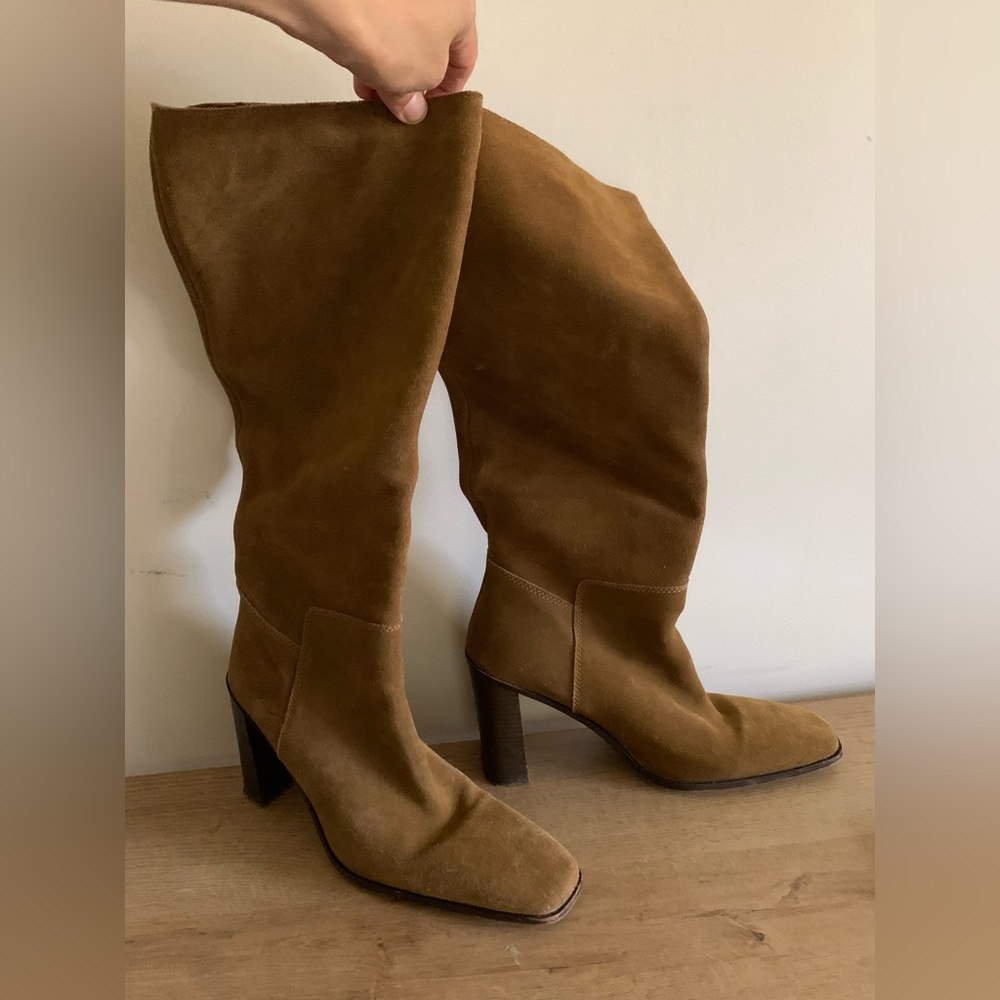 Mango brown suede knee high boot with high chunky heel
